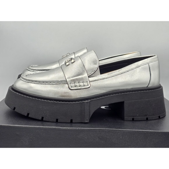 Coach Leah Metallic Leather Silver Loafers Chunky Heel SIZE 8.5 B NEW MSRP $195 main image 6